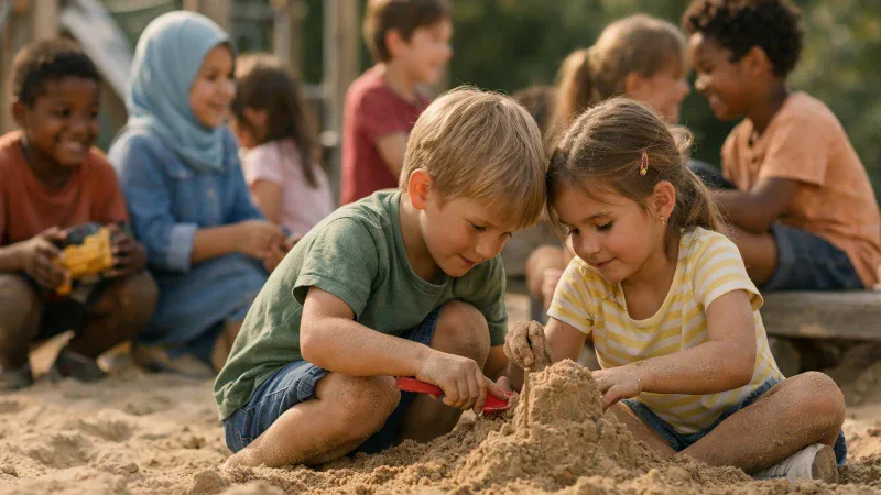 Kinder unterschiedlicher Herkunft spielen zusammen im Sandkasten auf einem Spielplatz
