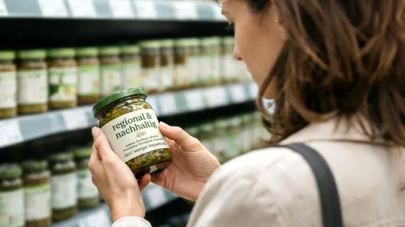 Frau betrachtet im Supermarkt ein Glas mit dem Aufdruck „regional & nachhaltig“.