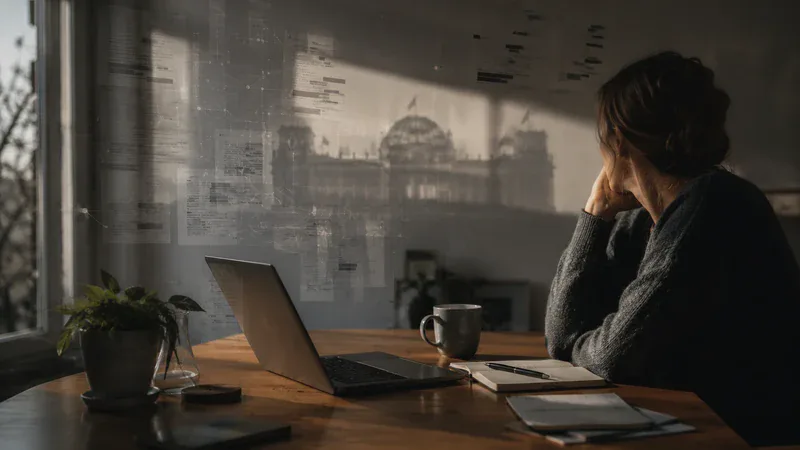 Frau am Schreibtisch vor einem Laptop, überlagert von Dokumenten, Datennetzen und der Silhouette des Reichstags.
